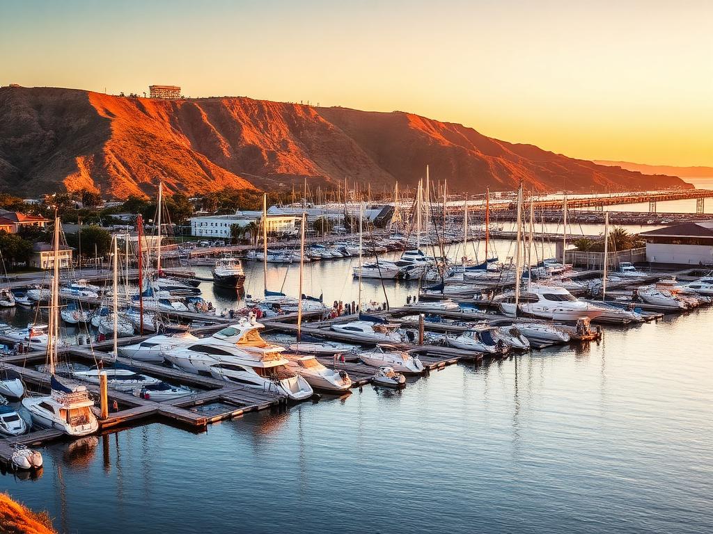 Dana Point harbor and marina with coastal bluffs at golden hour