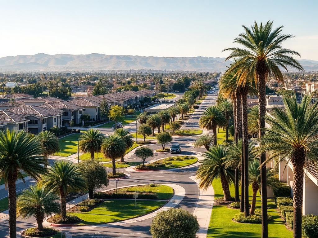 Irvine neighborhood with palm-lined streets and parks