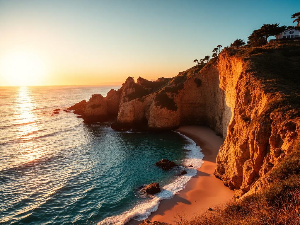 Laguna Beach cove with cliffs and turquoise water at sunset