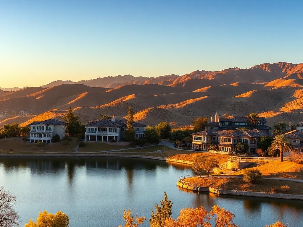 Mission Viejo lake and rolling hills with homes at golden hour