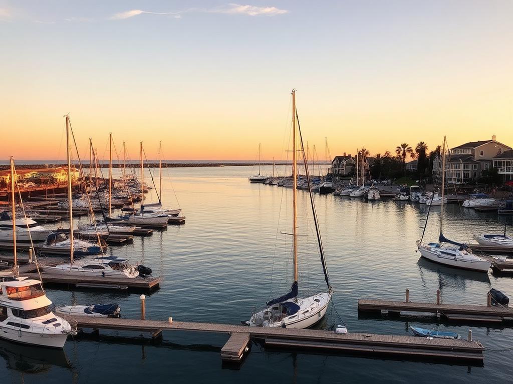 Newport Beach harbor at golden hour with sailboats and waterfront homes