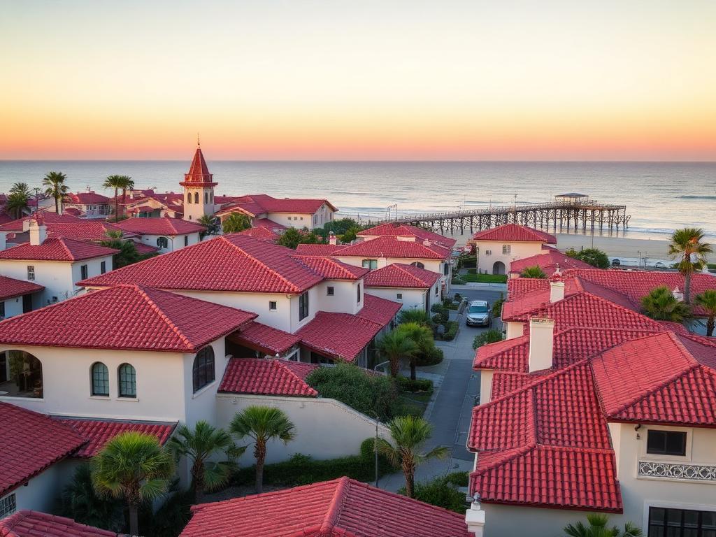 San Clemente coastal town with red tile roofs overlooking the pier