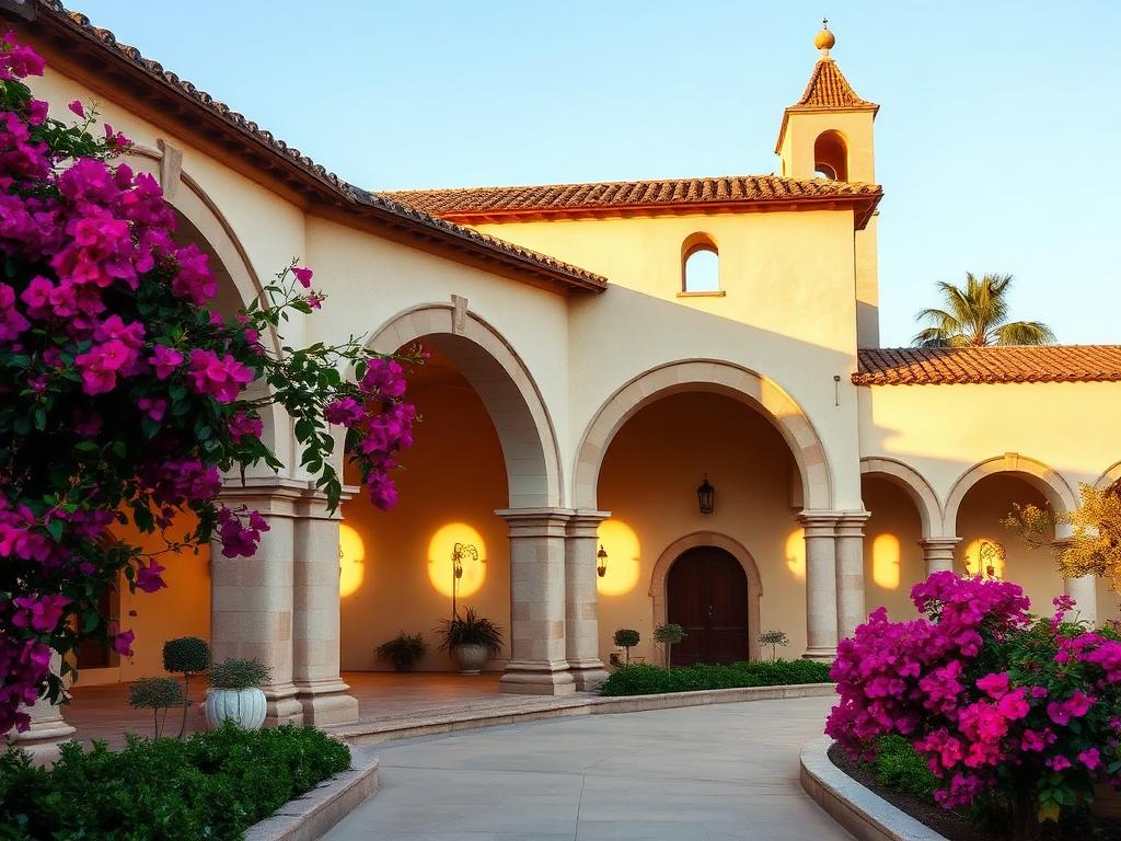 San Juan Capistrano Spanish mission architecture with bougainvillea